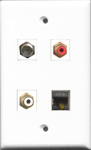 RiteAV 1 Port RCA Red and 1 Port RCA White and 1 Port Coax Cable TV- F-Type and 1 Port Shielded Cat6 Ethernet Wall Plate