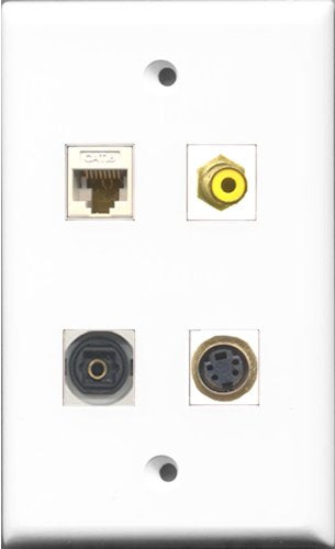 RiteAV 1 Port RCA Yellow and 1 Port S-Video and 1 Port Toslink and 1 Port Cat6 Ethernet White Wall Plate