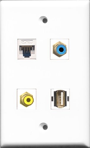 RiteAV 1 Port RCA Yellow and 1 Port RCA Blue and 1 Port USB A-A and 1 Port Cat5e Ethernet White Wall Plate