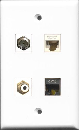 RiteAV 1 Port RCA White and 1 Port Coax Cable TV- F-Type and 1 Port Shielded Cat6 Ethernet and 1 Port Cat6 Ethernet White Wall Plate