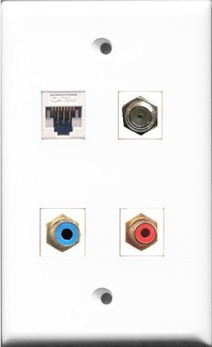 RiteAV - 1 Port RCA Red and 1 Port RCA Blue and 1 Port Coax Cable TV- F-Type and 1 Port Cat5e Ethernet White Wall Plate