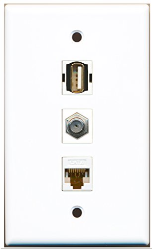 RiteAV - 1 Port Coax Cable TV- F-Type and 1 Port USB A-A and 1 Port Cat6 Ethernet White Wall Plate