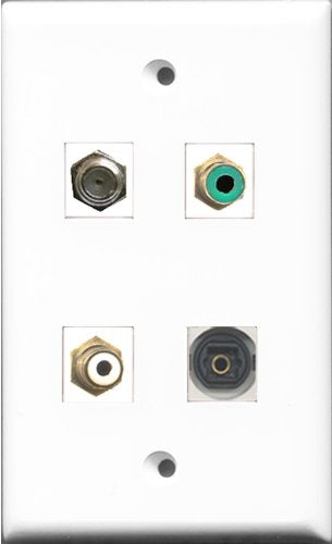 RiteAV 1 Port RCA White and 1 Port RCA Green and 1 Port Coax Cable TV- F-Type and 1 Port Toslink Wall Plate