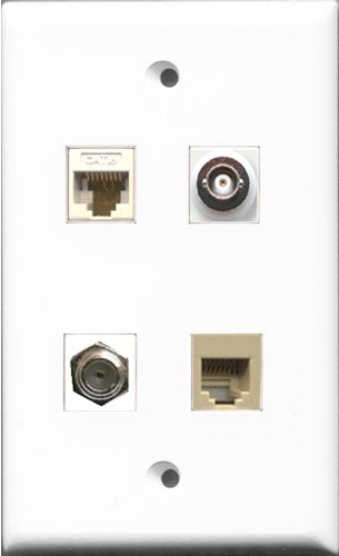 RiteAV 1 Port Coax Cable TV- F-Type and 1 Port Phone RJ11 RJ12 Beige and 1 Port BNC and 1 Port Cat6 Ethernet White Wall Plate