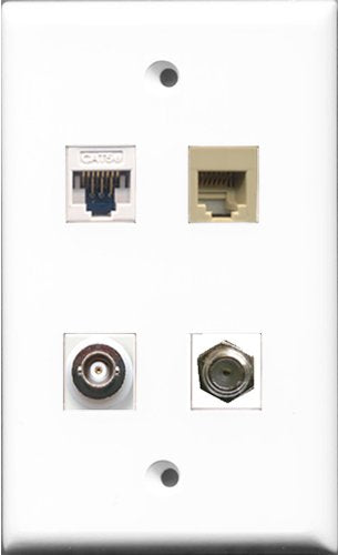 RiteAV 1 Port Coax Cable TV- F-Type and 1 Port Phone RJ11 RJ12 Beige and 1 Port BNC and 1 Port Cat5e Ethernet White Wall Plate