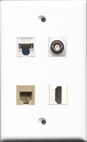 RiteAV - 1 Port HDMI and 1 Port Phone RJ11 RJ12 Beige and 1 Port BNC and 1 Port Cat5e Ethernet White Wall Plate