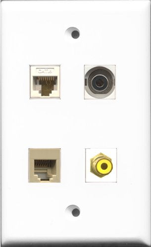 RiteAV 1 Port RCA Yellow and 1 Port Phone RJ11 RJ12 Beige and 1 Port 3.5mm and 1 Port Cat6 Ethernet White Wall Plate