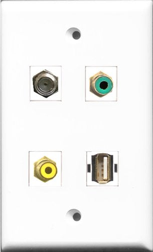 RiteAV 1 Port RCA Yellow and 1 Port RCA Green and 1 Port Coax Cable TV- F-Type and 1 Port USB A-A Wall Plate