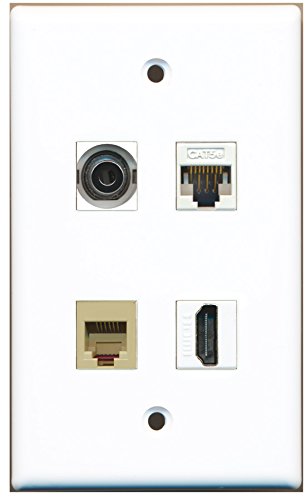 RiteAV - 1 Port HDMI 1 Port Phone RJ11 RJ12 Beige 1 Port 3.5mm 1 Port Cat5e Ethernet White Wall Plate