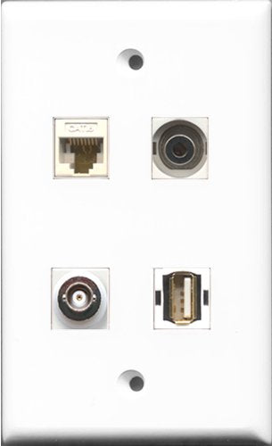 RiteAV 1 Port USB A-A and 1 Port 3.5mm and 1 Port BNC and 1 Port Cat6 Ethernet White Wall Plate