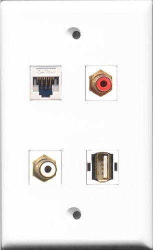 RiteAV 1 Port RCA Red and 1 Port RCA White and 1 Port USB A-A and 1 Port Cat5e Ethernet White Wall Plate