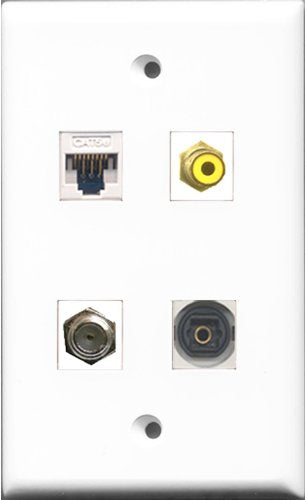 RiteAV 1 Port RCA Yellow and 1 Port Coax Cable TV- F-Type and 1 Port Toslink and 1 Port Cat5e Ethernet White Wall Plate