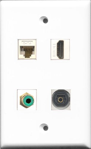 RiteAV 1 Port HDMI and 1 Port RCA Green and 1 Port Toslink and 1 Port Cat6 Ethernet White Wall Plate