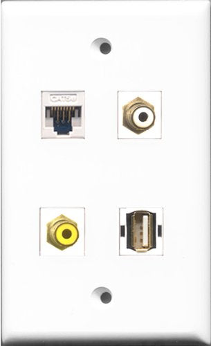 RiteAV 1 Port RCA White and 1 Port RCA Yellow and 1 Port USB A-A and 1 Port Cat5e Ethernet White Wall Plate