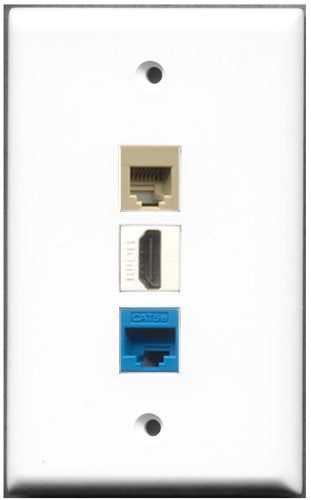 RiteAV - 1 Port HDMI 1 Phone RJ11 RJ12 Beige 1 Cat5e Ethernet Blue Wall Plate