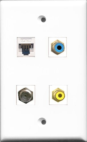 RiteAV 1 Port RCA Yellow and 1 Port RCA Blue and 1 Port Coax Cable TV- F-Type and 1 Port Cat5e Ethernet White Wall Plate