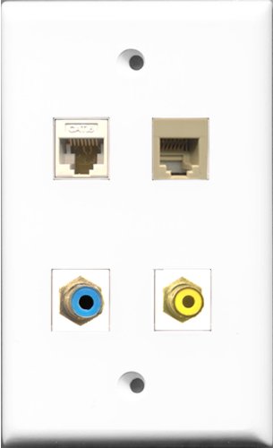 RiteAV 1 Port RCA Yellow and 1 Port RCA Blue and 1 Port Phone RJ11 RJ12 Beige and 1 Port Cat6 Ethernet White Wall Plate