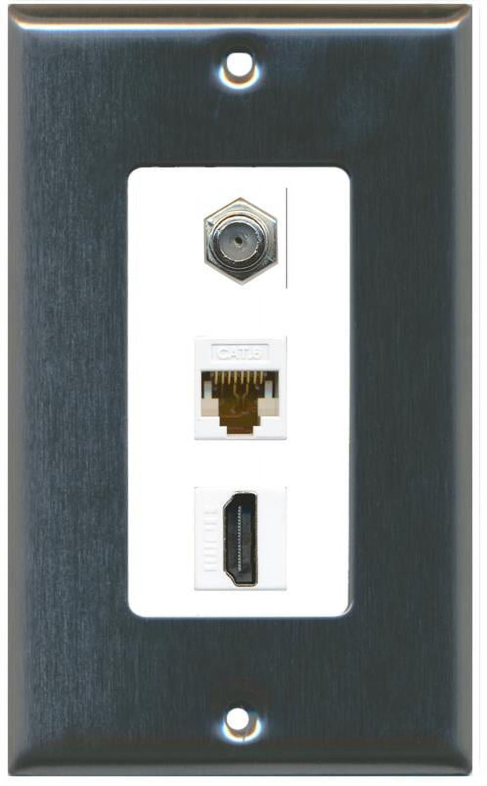 RiteAV Decorative 1 Gang Wall Plate (Stainless Steel/White) 3 Port - Coax (White) Cat6 (White) HDMI (White)