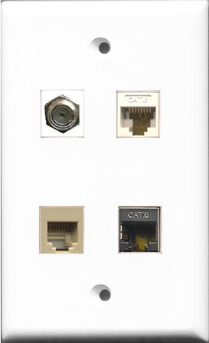 RiteAV 1 Port Coax Cable TV- F-Type and 1 Port Phone RJ11 RJ12 Beige and 1 Port Shielded Cat6 Ethernet and 1 Port Cat6 Ethernet White Wall Plate