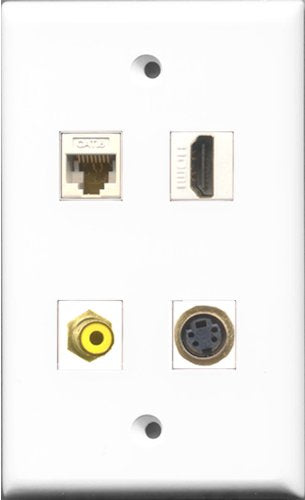 RiteAV 1 Port HDMI and 1 Port RCA Yellow and 1 Port S-Video and 1 Port Cat6 Ethernet White Wall Plate