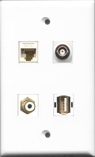 RiteAV 1 Port RCA White and 1 Port USB A-A and 1 Port BNC and 1 Port Cat6 Ethernet White Wall Plate
