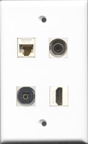 RiteAV 1 Port HDMI and 1 Port Toslink and 1 Port 3.5mm and 1 Port Cat6 Ethernet White Wall Plate