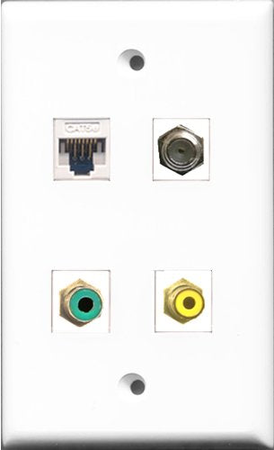 RiteAV - 1 Port RCA Yellow and 1 Port RCA Green and 1 Port Coax Cable TV- F-Type and 1 Port Cat5e Ethernet White Wall Plate