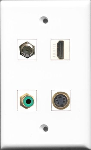 RiteAV 1 Port HDMI and 1 Port RCA Green and 1 Port Coax Cable TV- F-Type and 1 Port S-Video Wall Plate