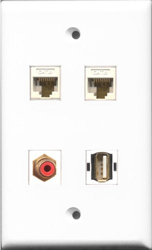RiteAV 1 Port RCA Red and 1 Port USB A-A 2 Port Cat6 Ethernet White Wall Plate