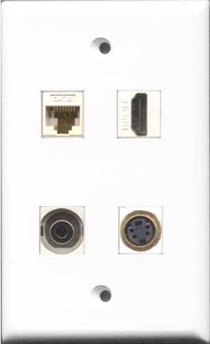 RiteAV 1 Port HDMI and 1 Port S-Video and 1 Port 3.5mm and 1 Port Cat6 Ethernet White Wall Plate