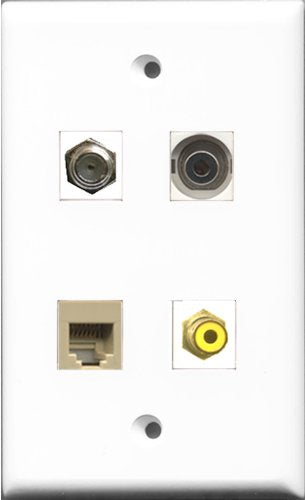 RiteAV 1 Port RCA Yellow and 1 Port Coax Cable TV- F-Type and 1 Port Phone RJ11 RJ12 Beige and 1 Port 3.5mm Wall Plate