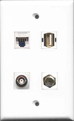 RiteAV 1 Port Coax Cable TV- F-Type and 1 Port USB A-A and 1 Port BNC and 1 Port Cat5e Ethernet White Wall Plate