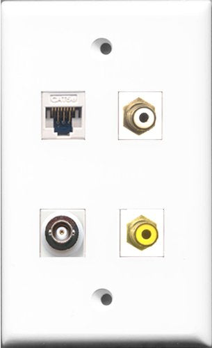 RiteAV 1 Port RCA White and 1 Port RCA Yellow and 1 Port BNC and 1 Port Cat5e Ethernet White Wall Plate
