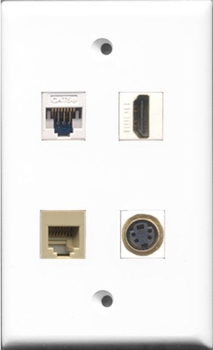 RiteAV - 1 Port HDMI and 1 Port Phone RJ11 RJ12 Beige and 1 Port S-Video and 1 Port Cat5e Ethernet White Wall Plate