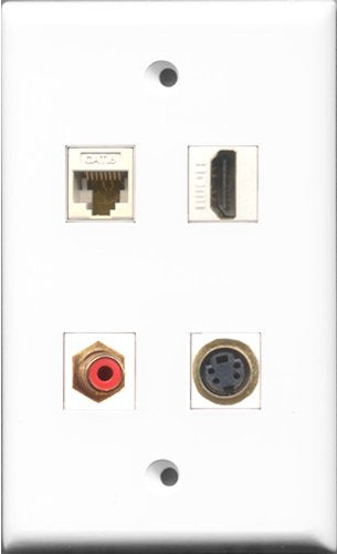 RiteAV 1 Port HDMI and 1 Port RCA Red and 1 Port S-Video and 1 Port Cat6 Ethernet White Wall Plate