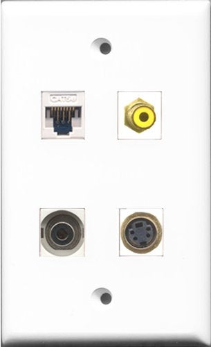 RiteAV 1 Port RCA Yellow and 1 Port S-Video and 1 Port 3.5mm and 1 Port Cat5e Ethernet White Wall Plate