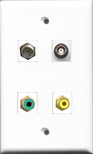 RiteAV 1 Port RCA Yellow and 1 Port RCA Green and 1 Port Coax Cable TV- F-Type and 1 Port BNC Wall Plate