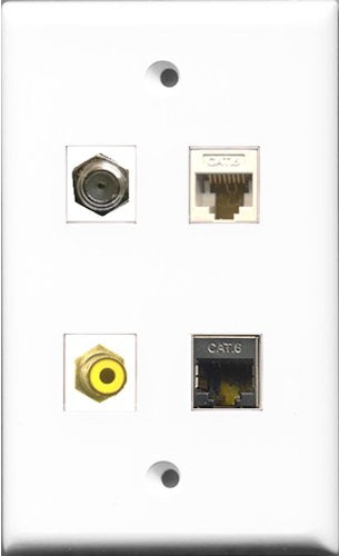 RiteAV 1 Port RCA Yellow and 1 Port Coax Cable TV- F-Type and 1 Port Shielded Cat6 Ethernet and 1 Port Cat6 Ethernet White Wall Plate