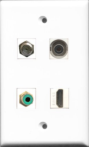 RiteAV 1 Port HDMI and 1 Port RCA Green and 1 Port Coax Cable TV- F-Type and 1 Port 3.5mm Wall Plate