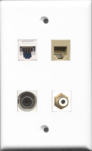 RiteAV 1 Port RCA White and 1 Port Phone RJ11 RJ12 Beige and 1 Port 3.5mm and 1 Port Cat5e Ethernet White Wall Plate