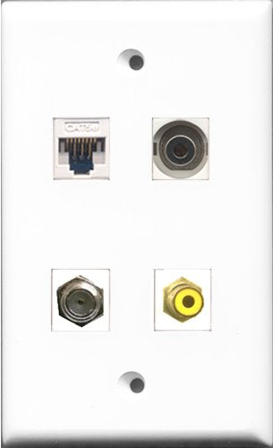 RiteAV - 1 Port RCA Yellow and 1 Port Coax Cable TV- F-Type and 1 Port 3.5mm and 1 Port Cat5e Ethernet White Wall Plate