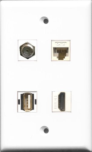 RiteAV 1 Port HDMI and 1 Port Coax Cable TV- F-Type and 1 Port Shielded Cat6 Ethernet and 1 Port Cat6 Ethernet White Wall Plate