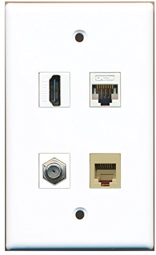 RiteAV - 1 Port HDMI 1 Port Coax Cable TV- F-Type 1 Port Phone RJ11 RJ12 Beige 1 Port Cat5e Ethernet White Wall Plate