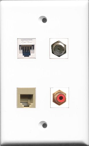 RiteAV - 1 Port RCA Red and 1 Port Coax Cable TV- F-Type and 1 Port Phone RJ11 RJ12 Beige and 1 Port Cat5e Ethernet White Wall Plate
