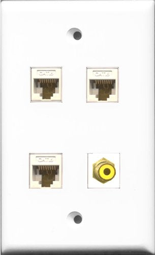 RiteAV 1 Port RCA Yellow 3 Port Cat6 Ethernet White Wall Plate