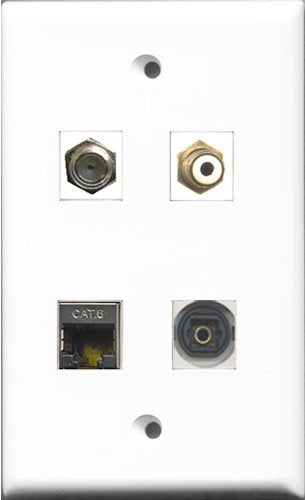 RiteAV 1 Port RCA White and 1 Port Coax Cable TV- F-Type and 1 Port Shielded Cat6 Ethernet and 1 Port Toslink Wall Plate