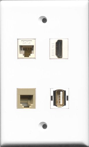 RiteAV 1 Port HDMI and 1 Port USB A-A and 1 Port Phone RJ11 RJ12 Beige and 1 Port Cat6 Ethernet White Wall Plate