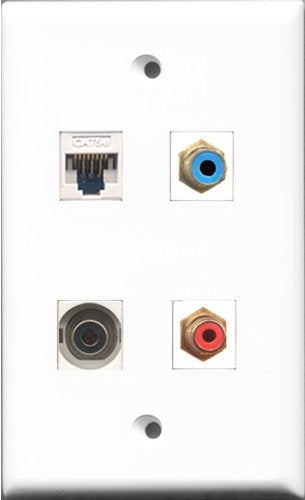 RiteAV 1 Port RCA Red and 1 Port RCA Blue and 1 Port 3.5mm and 1 Port Cat5e Ethernet White Wall Plate