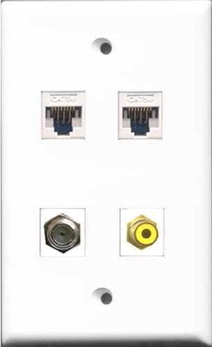 RiteAV - 1 Port RCA Yellow and 1 Port Coax Cable TV- F-Type 2 Port Cat5e Ethernet White Wall Plate