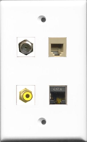 RiteAV 1 Port RCA Yellow and 1 Port Coax Cable TV- F-Type and 1 Port Phone RJ11 RJ12 Beige and 1 Port Shielded Cat6 Ethernet Wall Plate